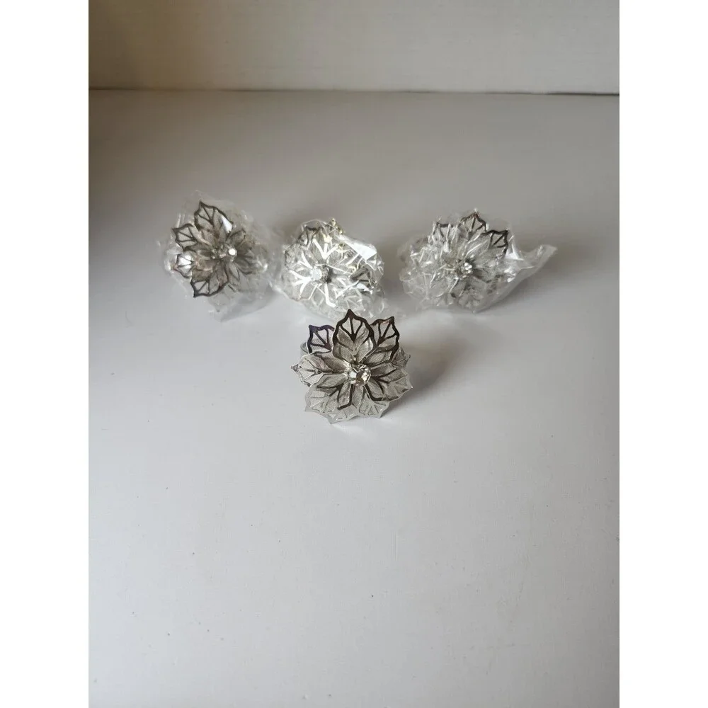 Lot Of 4 Silver Flower With Rinestone Napkin Holders